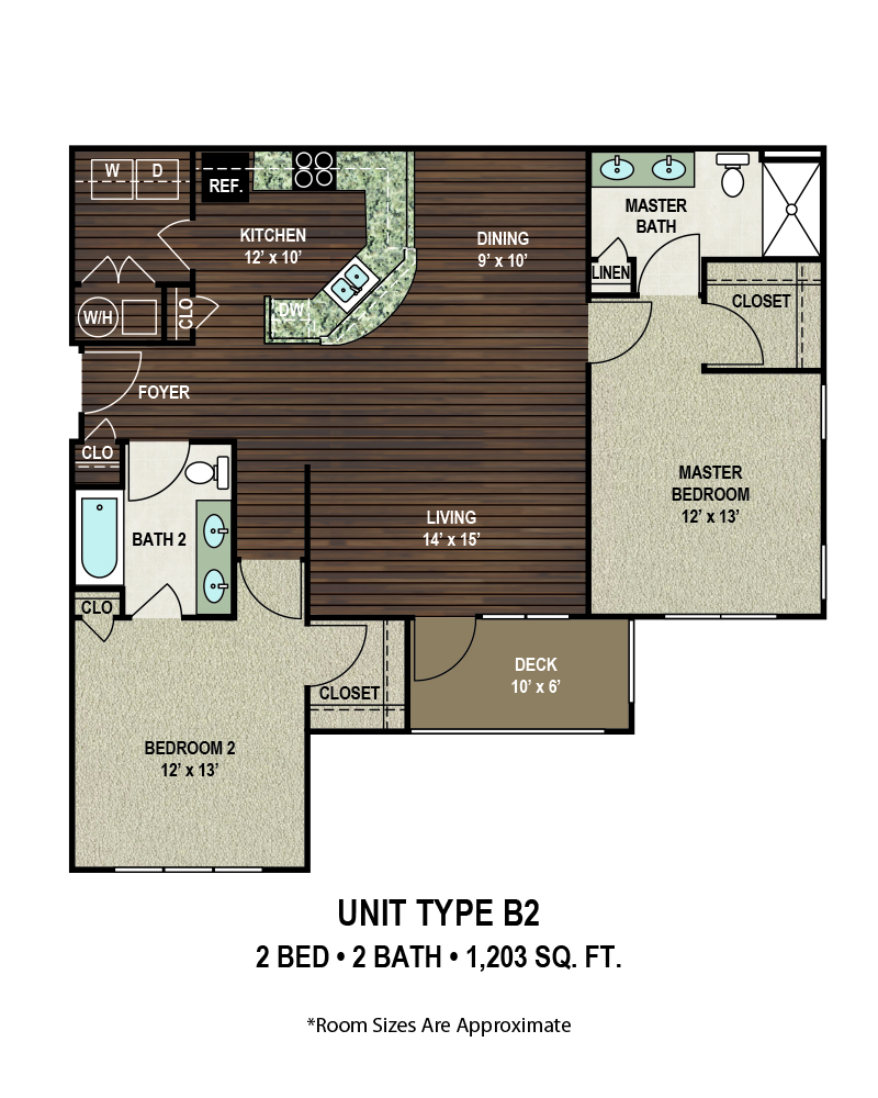 Floor plan for 2 beds, 2 baths, 1203 sqft